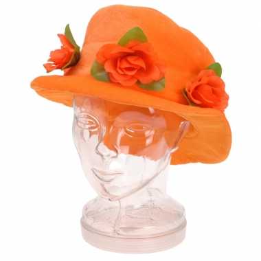Oranje verkleed hoed met rozen voor dames