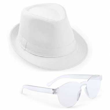 Toppers - wit trilby party hoedje met transparante zonnebril