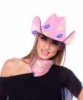 Roze kartonnen cowboyhoed met lippen kusjes voor dames hoed