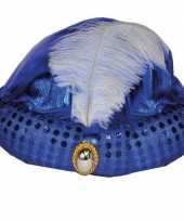 Toppers blauw arabisch sultan hoedje met diamant en veer